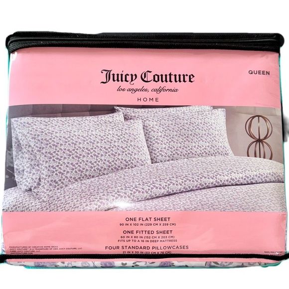 **SOLD** Juicy Couture Home 6 Piece Purple Floral Print Queen Size Sheet Set - Picture 7 of 12